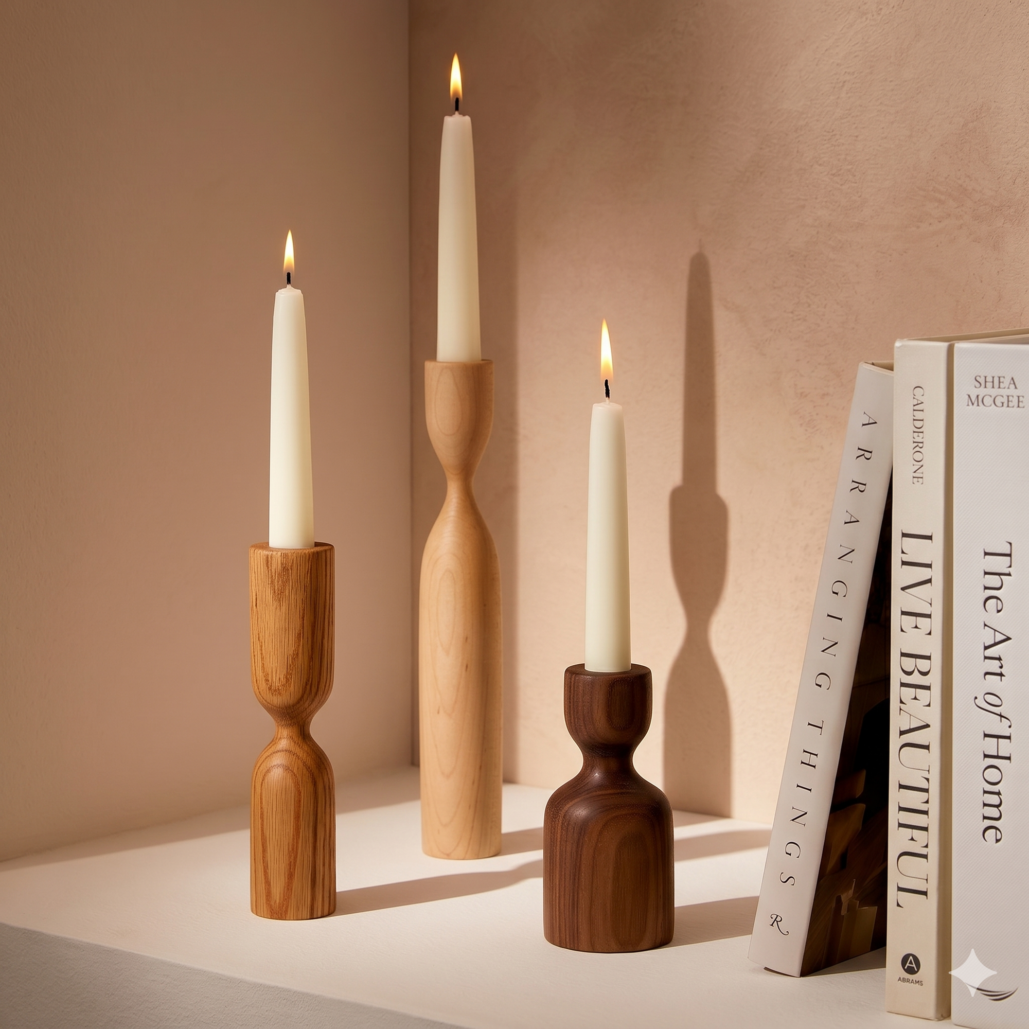 Scandinavian set of 3 wooden candle holders